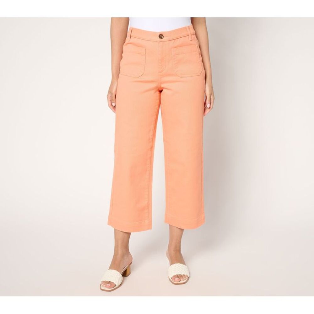 Denim & Co. Women's Petite Pants 4P Twill Wide Leg Crop Pant w Patch Pink